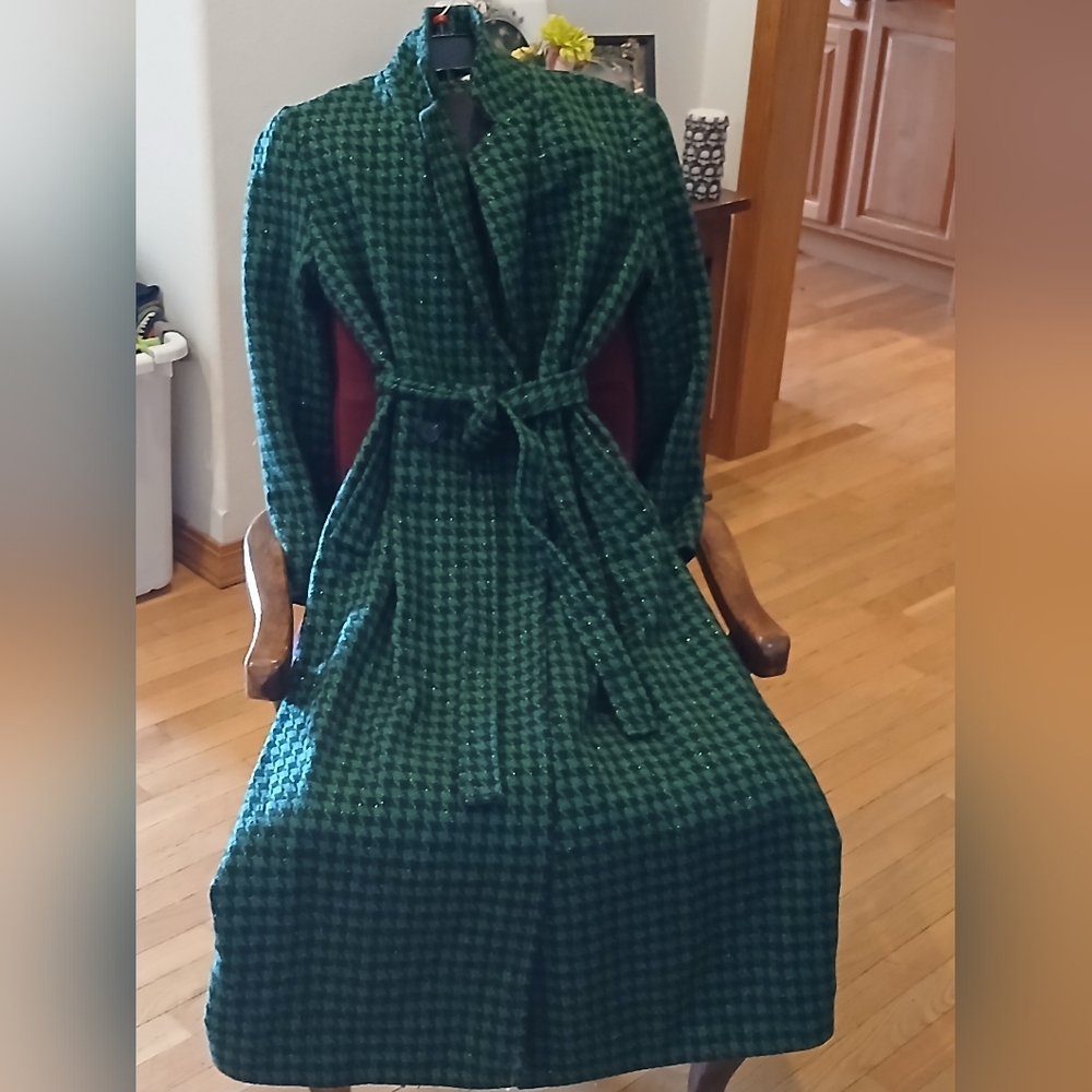 Green and black checked wool coat